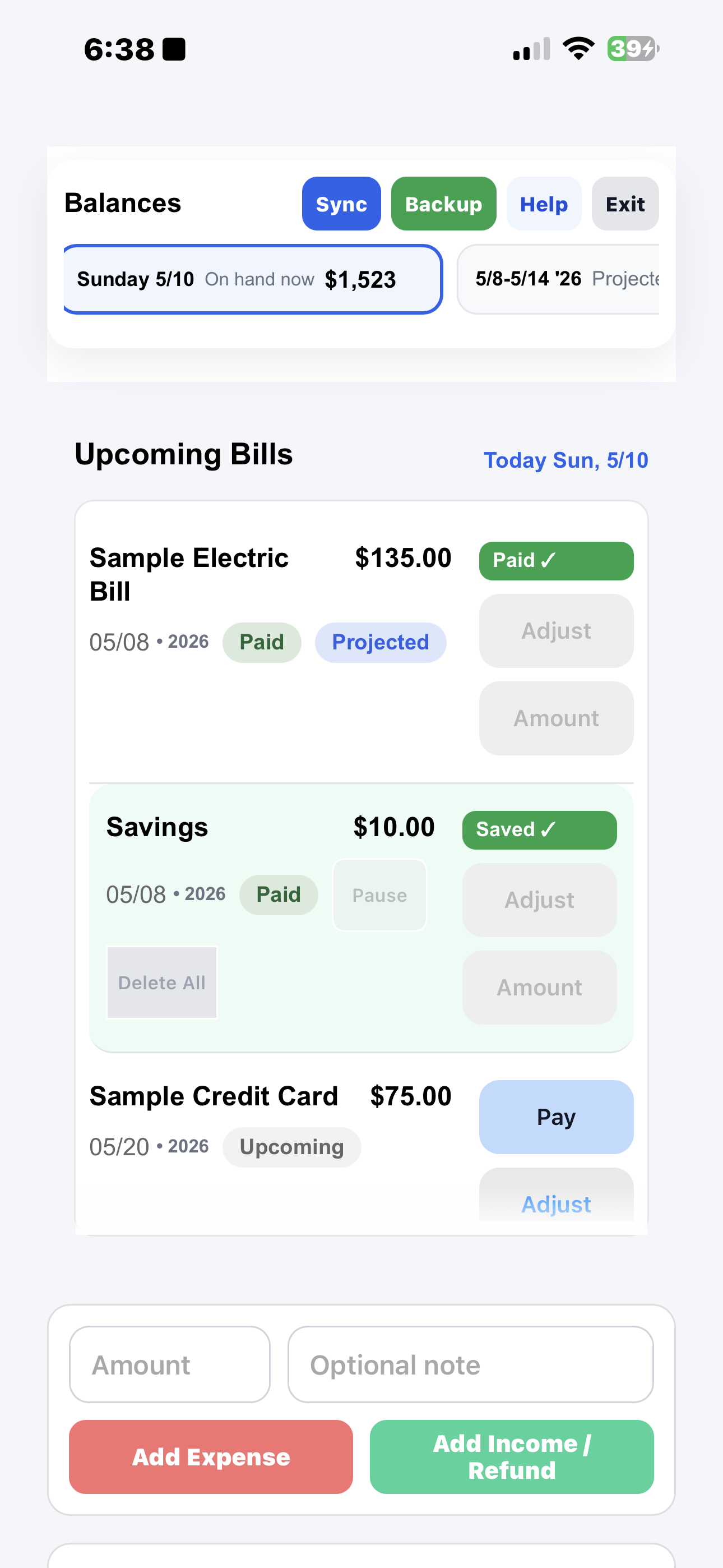 Balance On Hand mobile app screenshot