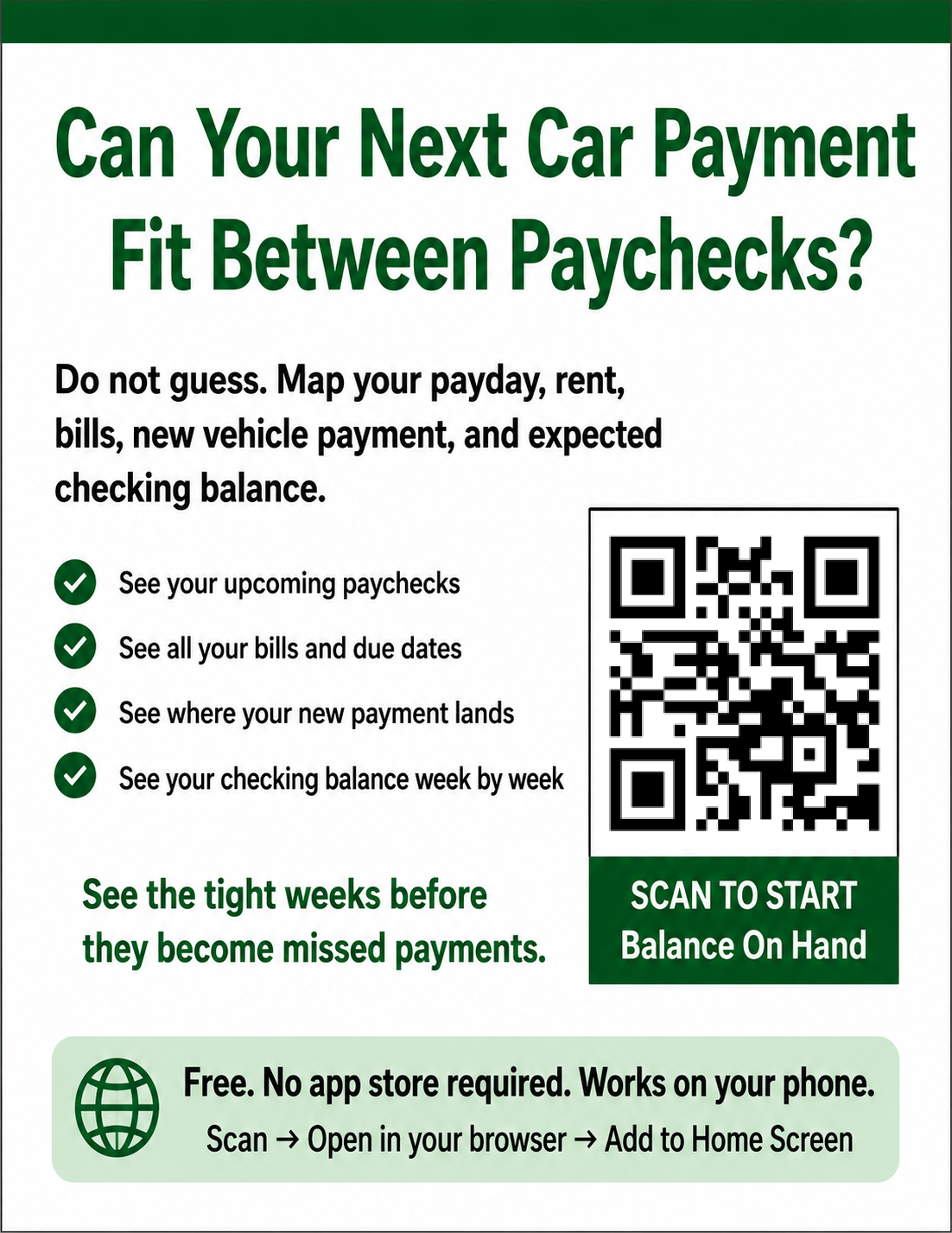 Finance Office / Waiting Area Poster - Can Your Next Car Payment Fit Between Paychecks?